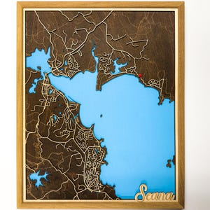 Plan de la ville en bois personnalisé découpé au laser, nom personnalisé de l'emplacement de la ville, décoration d'intérieur de ville, encadrement de pendaison de crémaillère pour agent immobilier Long Beach, NSW, Australie