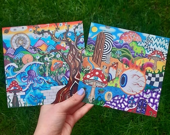 Set of 2 mini trippy psychedelic prints (148mm x 148mm). Environmentally conscious - sustainable.