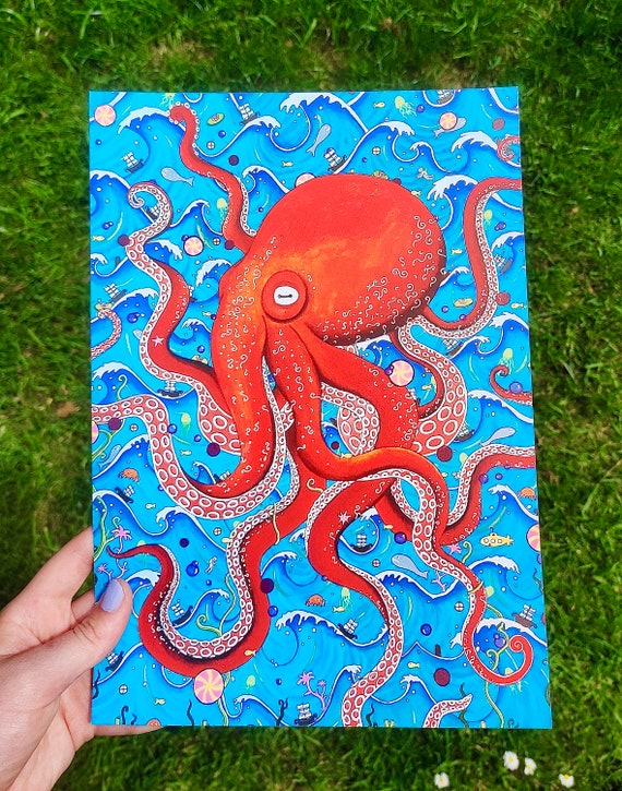 A4 Psychedelic Octopus Print Underwater Painting Scene Etsy