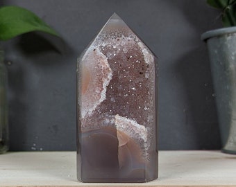 Banded Agate & Clear Quartz Geode Tower (4.8 inch)