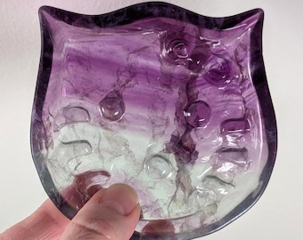 Purple/Green Fluorite Kitty Cat Dish, Carved Crystal, Tray, Bowl,