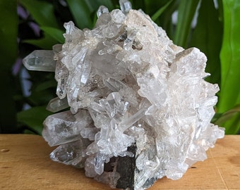 May include: A cluster of clear quartz crystals with a gray, rocky base. The crystals are arranged in a random, organic pattern, creating a natural and unique piece.