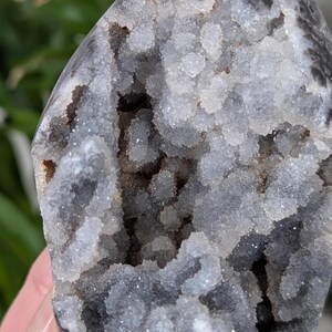May include: A close-up of a gray and white agate geode with a crystal-lined interior. The geode has a rough, natural exterior and a smooth, polished interior.