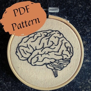 Op de afbeelding: Een zwart-wit borduursel van een menselijk brein op een beige stof gespannen over een houten borduurring.