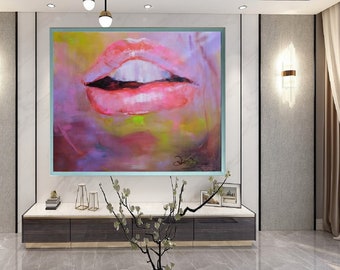 Lips of Rose-Don Rony-L106-Large Canvas Home Decor Holiday Artwork Texture Abstract Painting Dining Room Wall Art
