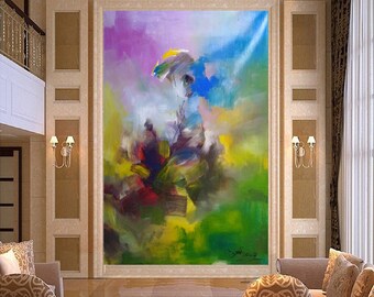 The Umbrella Lady-Don Rony-L86-Large Canvas Home Decor Holiday Artwork Texture Abstract Painting Dining Room Wall Art