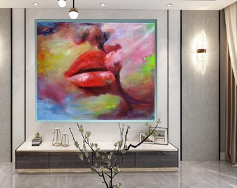 Flaming Red Lips-Don Rony-L111-Large Canvas Home Decor Holiday Artwork Texture Abstract Painting Dining Room Wall Art
