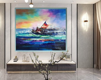 Sunset Washington Cross Iced Delaware-Don Rony-T37-Large Canvas Home Decor Holiday Artwork Texture Abstract Painting Dining Room Wall Art