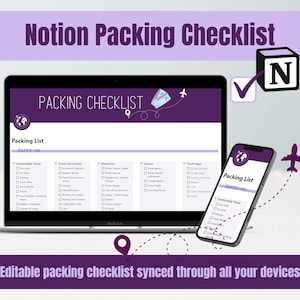 Può includere: Una lista di controllo digitale per l'imballaggio visualizzata su un laptop e uno smartphone. La lista di controllo è viola e bianca, con categorie come "Viaggio confortevole" ed "Elettronica". Il testo "Notion Packing Checklist" è in alto, con la frase "Lista di controllo di imballaggio modificabile sincronizzata su tutti i tuoi dispositivi".