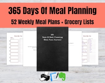 Digital och utskrivbar veckovis matplanerare med 52 sidor, kompatibel med GoodNotes, Notability, Evernote etc. för att planera dina måltider i år.