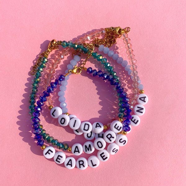 Pulsera personalizada con tu nombre, pulsera de cristales de colores y cierre de mosquetón de acero inoxidable