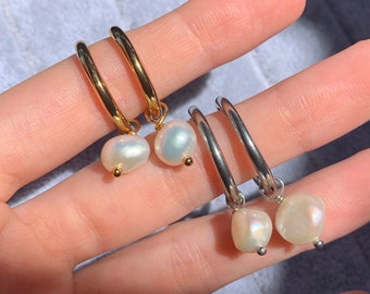 Minimalist Stainless Steel Hoop Earrings with Pearl