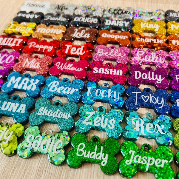 Handmade holographic glitter resin pet dog cat name ID tag