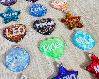 Handmade glitter resin dog cat pet name ID tags