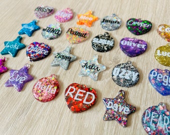 Handmade resin personalised glitter pet ID tags various shapes