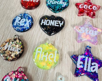 Handmade glitter resin dog cat pet name ID tag