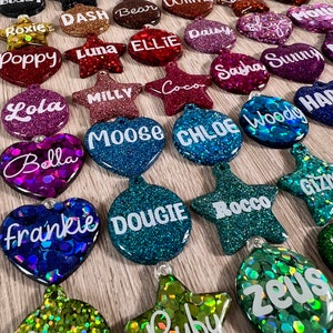 Handmade holographic glitter resin pet dog cat name ID tag