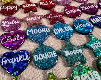 Handmade holographic glitter resin pet dog cat name ID tag