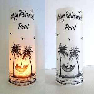 12 Personalized Retirement, Birthday Hammock  Palm Tree Ocean, beach Sunset Centerpiece Table Decoration Luminary *Please  Read Description”