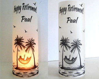 12 Personalized Retirement, Birthday Hammock  Palm Tree Ocean, beach Sunset Centerpiece Table Decoration Luminary *Please  Read Description”