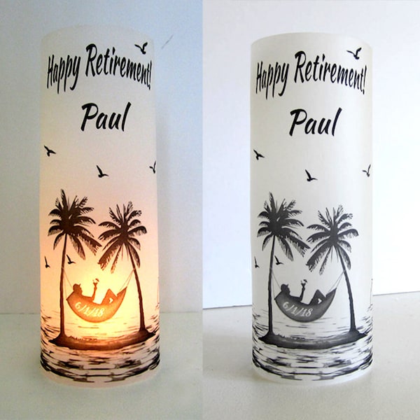 12 Personalized Retirement, Birthday Hammock  Palm Tree Ocean, beach Sunset Centerpiece Table Decoration Luminary *Please  Read Description”