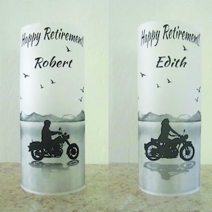 12 Personalized Retirement, Birthday Motorcycle Biker Centerpiece luminary Table Decoration. read item description b4 ordering NOT GLASS*