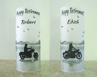 12 Personalized Retirement, Birthday Motorcycle Biker Centerpiece luminary Table Decoration. read item description b4 ordering NOT GLASS*
