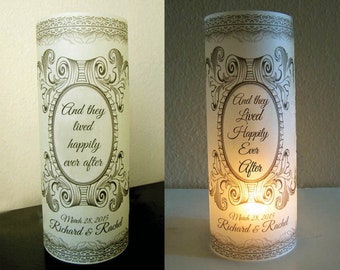 12 Personalized Wedding Anniversary Centerpiece happily ever after scroll luminary table decor