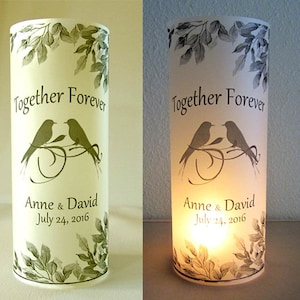 12 Personalized Love Birds Wedding Centerpiece, Table Decoration, anniversary vellum Luminaries , save the date, lanterns,together forever