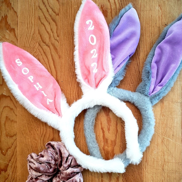 Personalized Plush Bunny Ears | Kids Bunny Ears Headband  | White-Pink | Grey-Purple