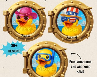 May include: Three yellow rubber duck designs, each inside a gold-colored porthole. One duck wears a pink cowboy hat and heart-shaped sunglasses. Another wears an Uncle Sam hat and flag sunglasses. The third duck has a snorkel. The portholes are 5 inches in diameter.