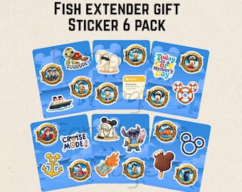May include: A set of six blue stickers with various Disney-themed designs. Each sticker features characters like Mickey Mouse, Donald Duck, and Stitch, along with phrases such as "Today is a Memory Day" and "Cruise Mode". The text "Fish Extender Gift Sticker 6 Pack" is at the top.