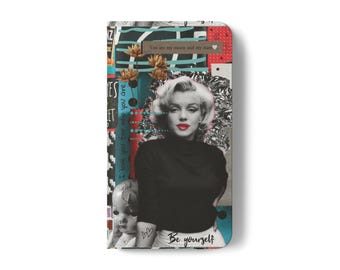 Capa para celular Marilyn Monroe: Carteira flip com colagem artística, couro sintético.
