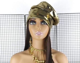 Gold Flat Top Brimless Avant Garde Euro Silky Knit Slouch Hat For Women