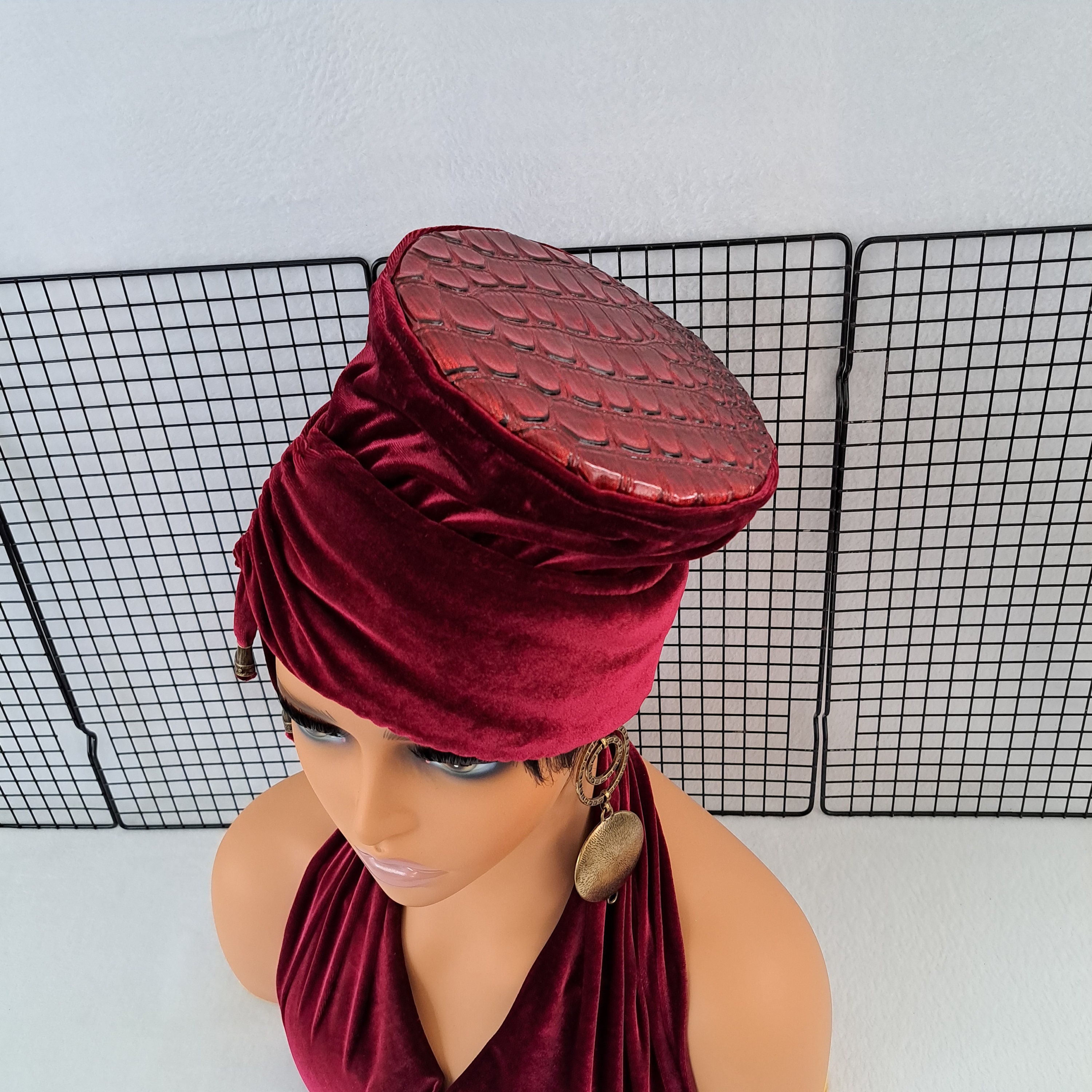 Flat Top Hat, Tilt Hat, Cloche Hat, Velvet Hat, Crocodile Skin Print