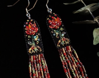 Dangle and drop embroidered Earrings, Beaded fairy earrings, Floral handmade embroidered earrings, Floral boho earrings