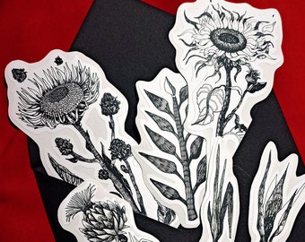 Plant Sticker Pack of 7, Waterproof Botanical Illustration Scrapboocking Flower Stickers Black&White theme Planner Sunflower Stickers Set