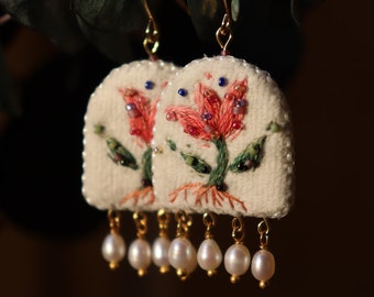 Embroidered Flower Earrings with Pearls, Chandelier Earrings with Freshwater Pearls