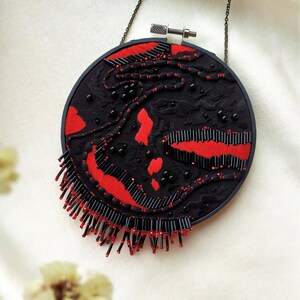 Original embroidery art, beaded blackwork embroidery