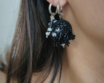Embroidered Earrings, Beaded earrings, Asymmetrical handmade earrings, Dark style handmade earrings