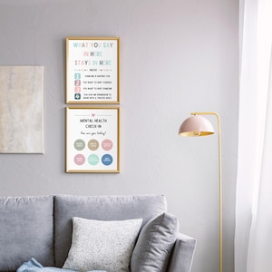 Könnte beinhalten: Zwei gerahmte Poster mit motivierenden Botschaften für die psychische Gesundheit. Das obere Poster hat ein hellblaues, rosa und grünes Farbschema und lautet "Was du hier sagst, bleibt hier, es sei denn..." Das untere Poster hat ein rosa, blaues und grünes Farbschema und lautet "Mental Health Check-In: Wie geht es dir heute?" mit einer Reihe von farbigen Kreisen.