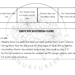 May include: Black and white printable game cards for an emotion matching game. The cards feature different scenarios and instructions for playing the game. The text on the cards reads "Emotion Matching Game", "How to Use", "Memory Game", "Sorting Game", "Conversation Starter", and "Use Tip".