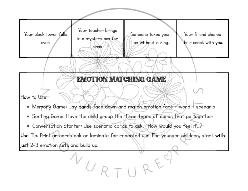 May include: Black and white printable game cards for an emotion matching game. The cards feature different scenarios and instructions for playing the game. The text on the cards reads "Emotion Matching Game", "How to Use", "Memory Game", "Sorting Game", "Conversation Starter", and "Use Tip".