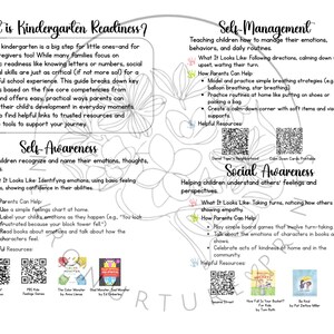 May include: A colorful printable guide for parents on kindergarten readiness. The guide covers four key areas: self-awareness, self-management, social awareness, and social skills. Each section includes a description of what the skill looks like, how parents can help, and helpful resources.