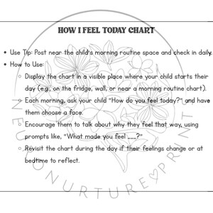 May include: Black and white printable chart titled "How I Feel Today Chart" with instructions for use. The chart is designed to help children identify and express their emotions.