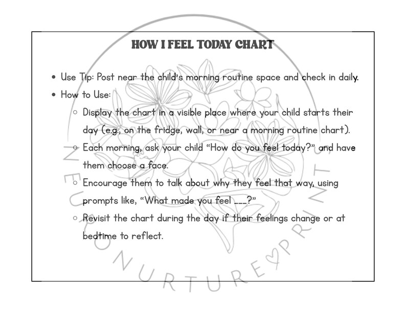 May include: Black and white printable chart titled "How I Feel Today Chart" with instructions for use. The chart is designed to help children identify and express their emotions.