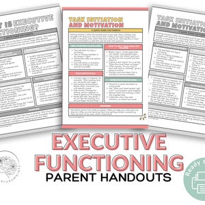 以下が含まれることがあります： 実行機能とタスク開始に関する3つの印刷可能な親向けハンドアウト。ハンドアウトは、カラフルなテキストボックスのある白い背景です。「Executive Functioning Parent Handouts」というタイトルが一番下にあります。