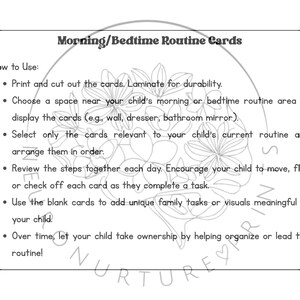 May include: Black and white printable cards with instructions on how to use them to create a morning or bedtime routine for children. The cards feature a floral design.