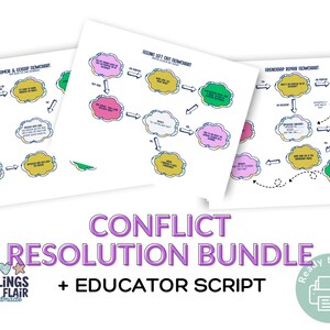 May include: A bundle of three white flowcharts with colorful cloud-shaped text boxes and arrows. The text reads "Rumor & Gossip Flowchart", "Fitting Left Out Flowchart", and "Friendship Repair Flowchart". The title "Conflict Resolution Bundle + Educator Script" is displayed below.