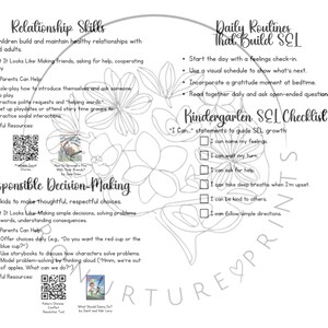 May include: A black and white printable worksheet with a floral design border. The worksheet is titled "Relationship Skills" and "Responsible Decision-Making". The worksheet includes tips for parents on how to help children develop social and emotional skills. The worksheet also includes a checklist titled "Kindergarten SEL Checklist" with statements like "I can name my feelings" and "I can follow simple directions".